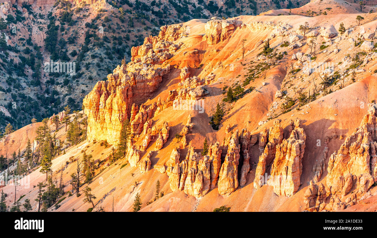 Panoramablick auf die Detailansicht vom Bryce Point Übersehen von orange farbige Felsen und Hoodoos Felsformationen im Bryce Canyon National Park bei Sonnenuntergang Stockfoto