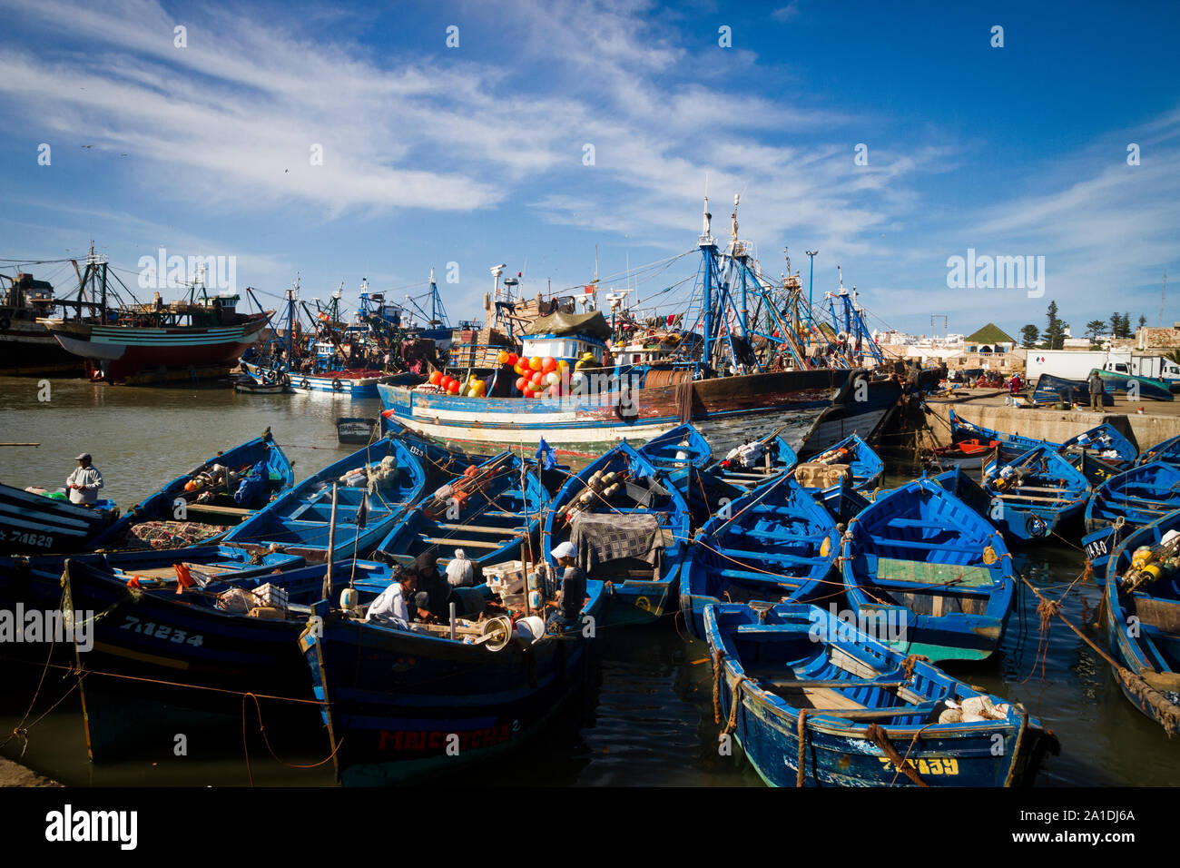 Fischerboote im Hafen von Essaouira, Marokko, Afrika Stockfoto