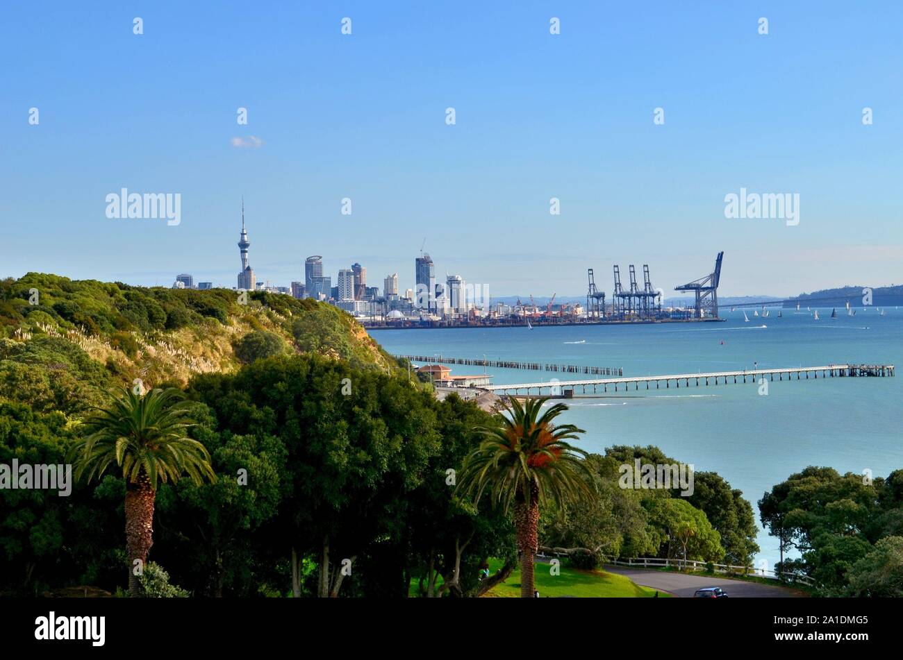 Malerischer Blick auf die Stadt und den Hafen von Auckland in Neuseeland Stockfoto