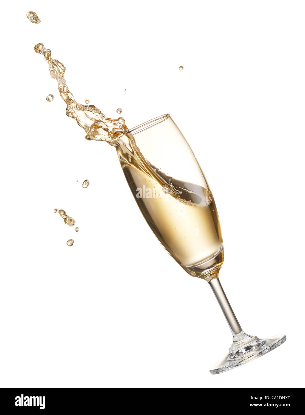 Glas Champagner mit Splash isoliert auf weißem Stockfoto