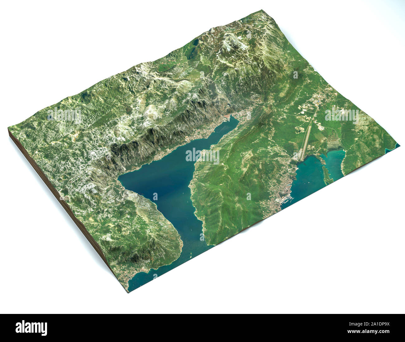 Satelliten Ansicht des größten Fjord in das Mittelmeer. Die Bucht von Kotor, Bucht. 3D-Render. Abschnitt der Fjord. Karte Stockfoto