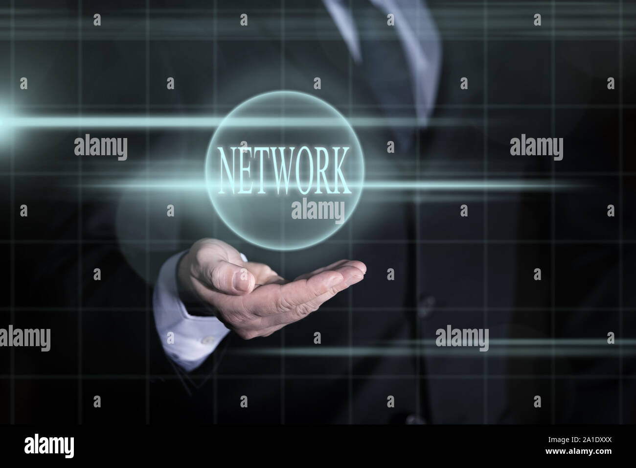 Konzept globales Netzwerk mit Geschäftsmann im Hintergrund Stockfoto