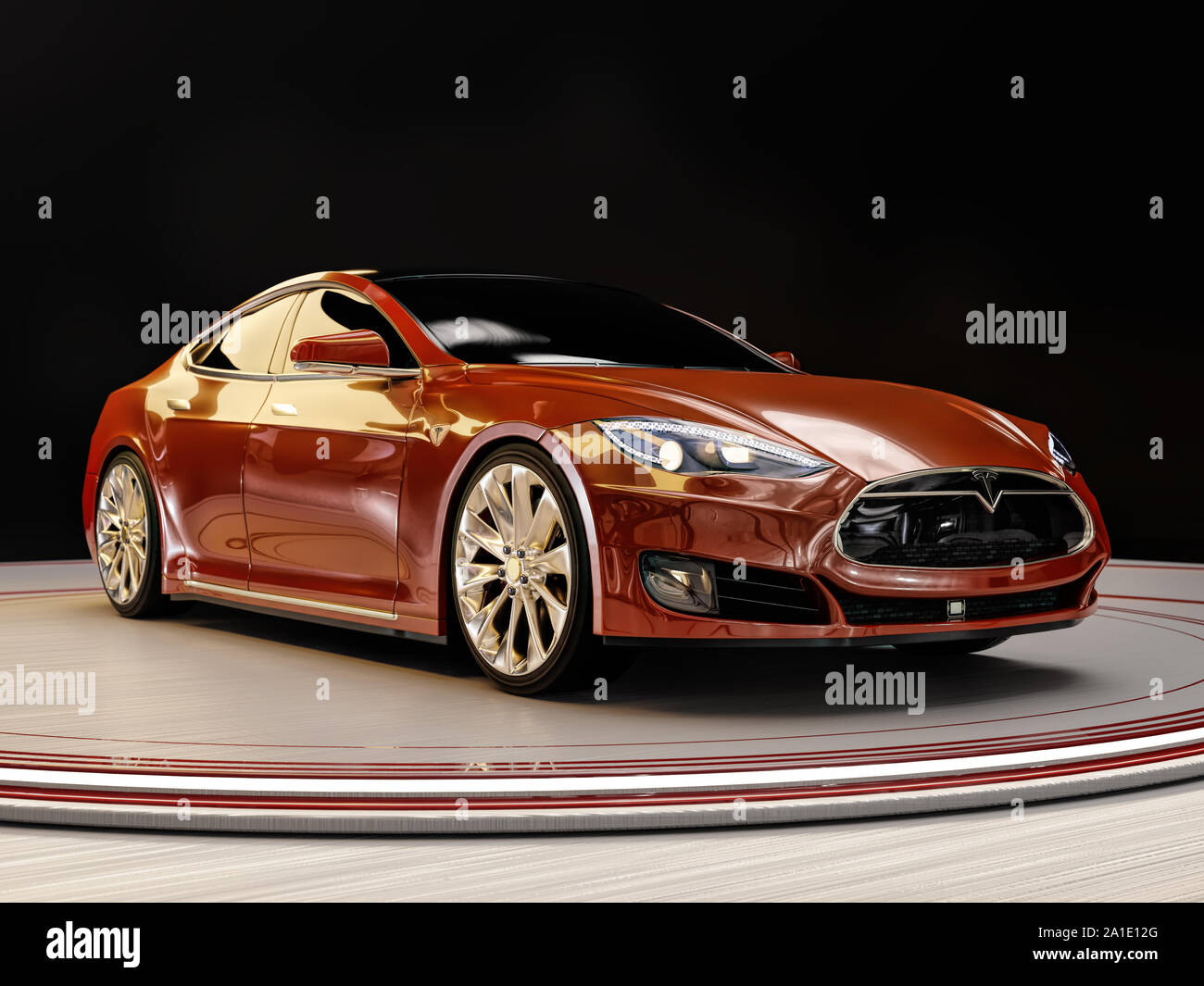 3D-Render von Red Tesla Auto auf Ausstellung Plattform auf schwarzem Hintergrund Stockfoto