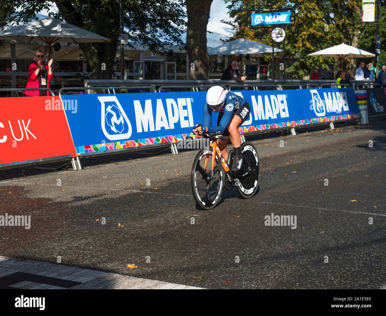 Megan Jastrab der USA sichern den neunten Platz in der Frauen Junior Einzelzeitfahren am Yorkshire 2019 UCI Road World Championships in Harrogate, North Yorkshire England Stockfoto