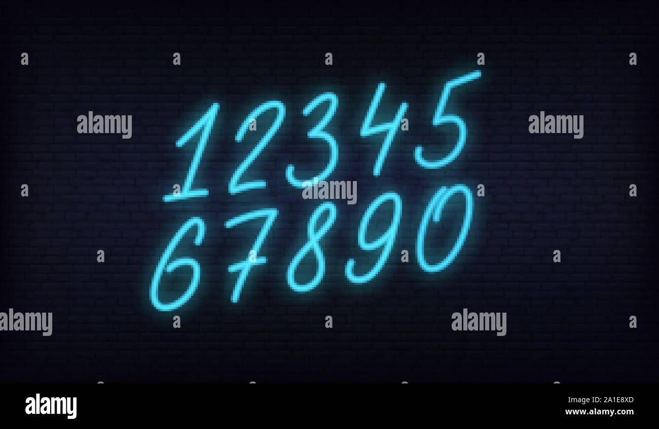 Neon Anzahl Zeichen gesetzt. Leuchtende neon hand Schrift Zahlen in einem Satz Stock Vektor