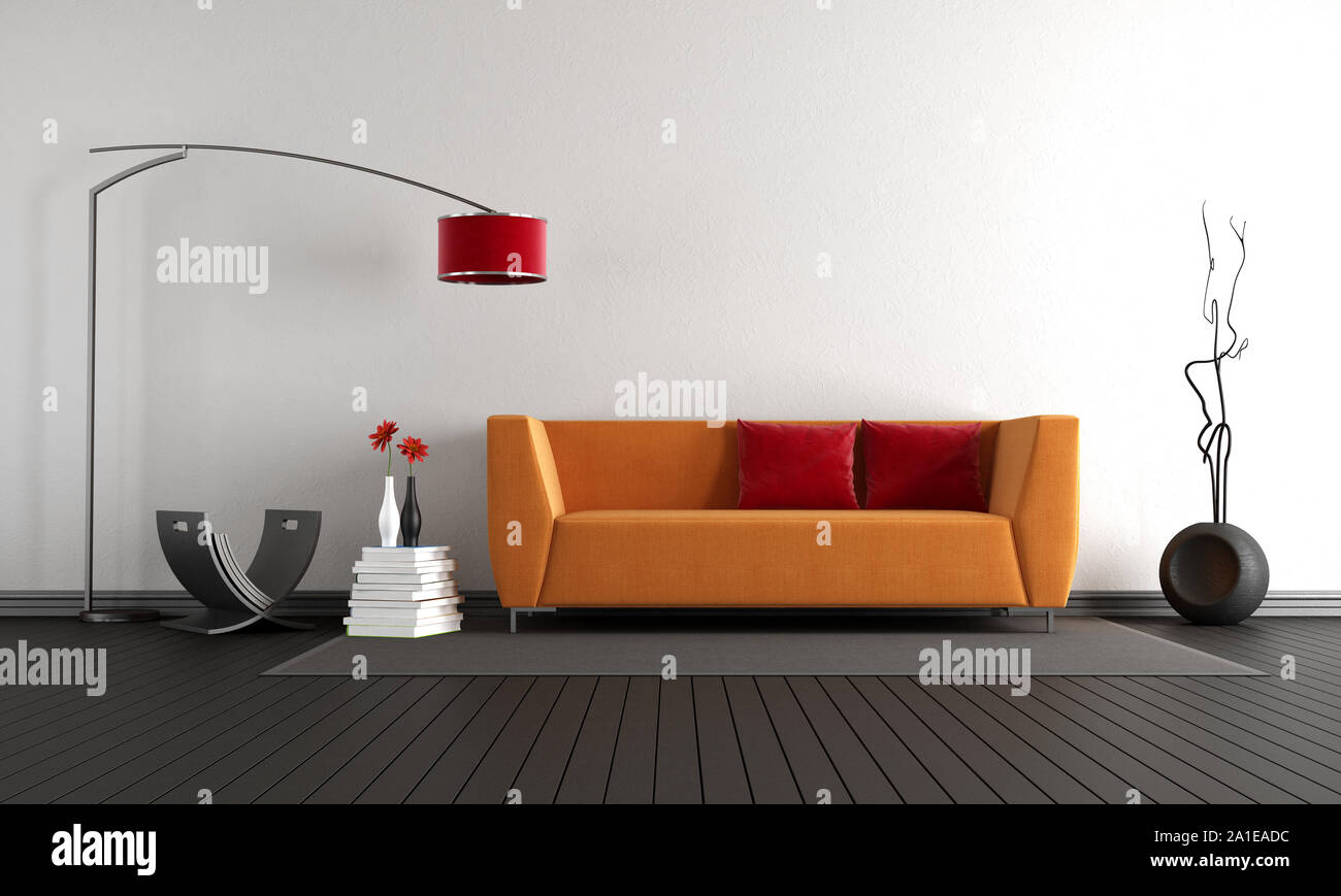 Minimalistische Wohnzimmer mit Orange Sofa gegen weiße Wand und schwarze Parkett - 3D-Rendering Stockfoto