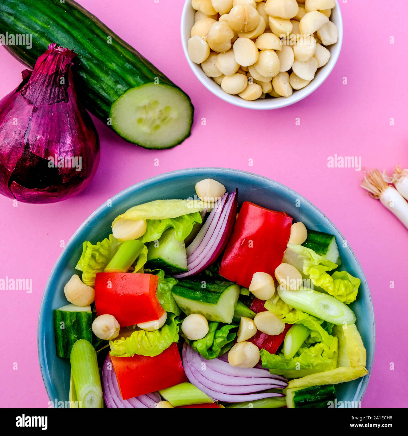 Gesunde vegetarische oder vegane Macadamianuss Salat mit Paprika, Chickory, Frühlingszwiebeln, Gem Salat und rote Zwiebel Stockfoto