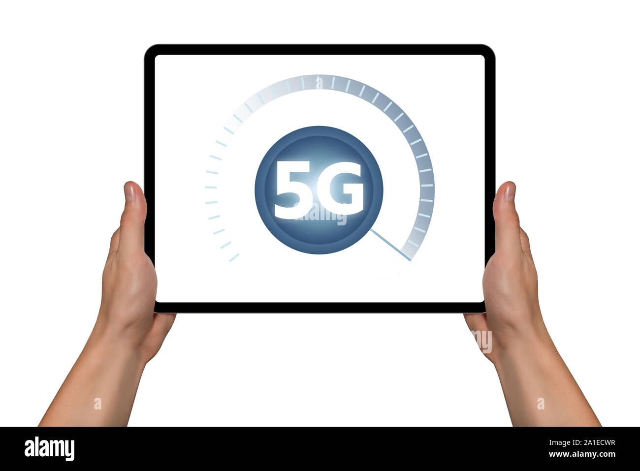 Mann mit einem digitalen Tablet mit Symbol der 5G-Verbindung. Stockfoto