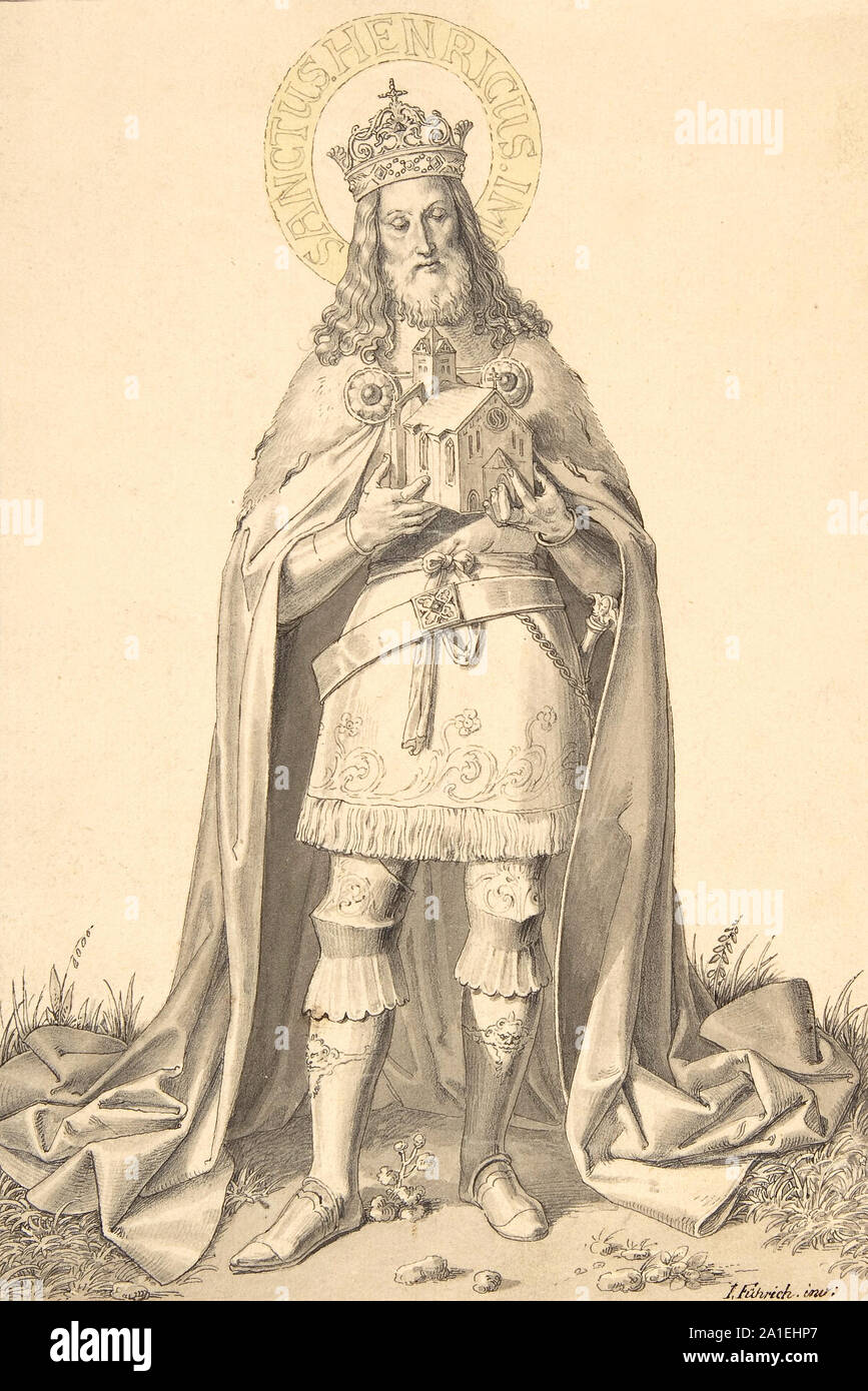 Saint Henry (Kaiser Heinrich II.). Mittelalterlichen Gravur. Heinrich II (6. Mai 973 - 13. Juli 1024), die auch als Saint Henry die üppige, Obl bekannt. S.B., war Kaiser des Heiligen Römischen Reiches von 1014 bis zu seinem Tod in 1024 und das letzte Mitglied der ottonischen Dynastie von Kaiser, wie Er hatte keine Kinder. Der Herzog von Bayern ab 995, Henry König von Deutschland nach dem plötzlichen Tod seiner zweiten Vetter, Kaiser Otto III. in 1002, gekrönt wurde König von Italien im Jahr 1004, und wurde vom Papst zum Kaiser in 1014 gekrönt. Stockfoto