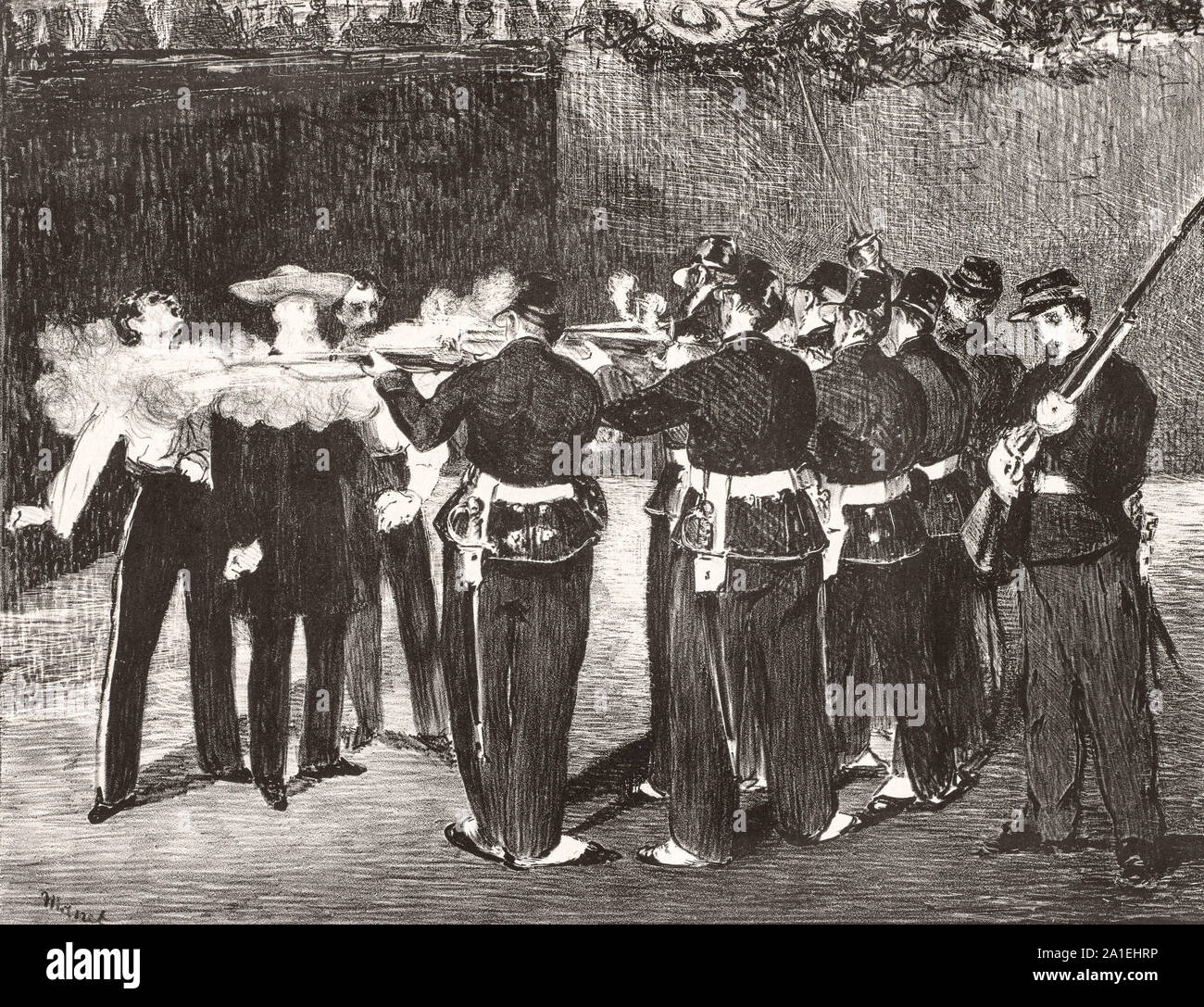 Die Ausführung von Kaiser Maximilian. Lithographie. 1867. Maximilian I (1832 - 1867) war der einzige Monarch der Zweiten mexikanischen Kaiserreich. Er war ein jüngerer Bruder des österreichischen Kaisers Franz Joseph I. Stockfoto