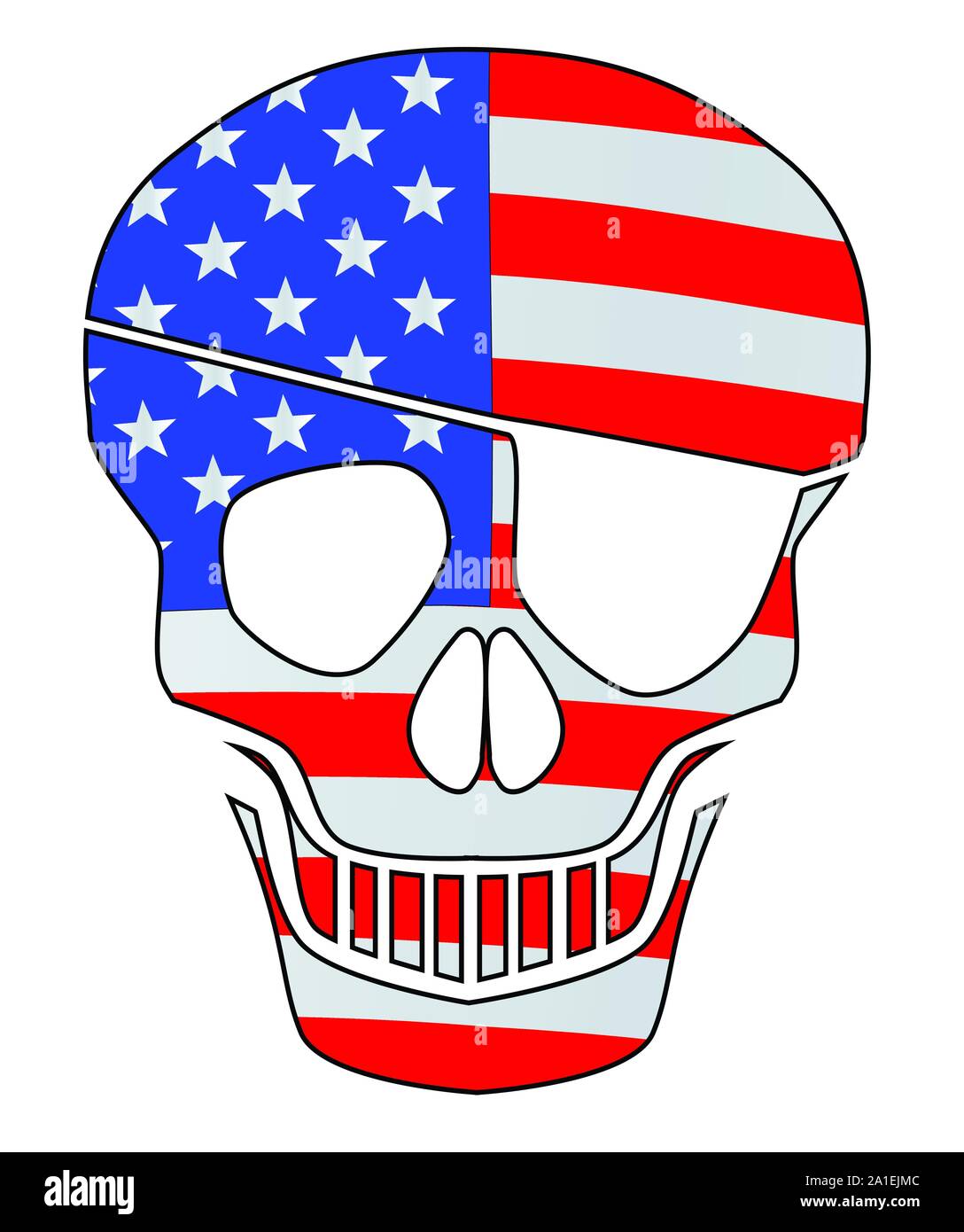 Stars and Stripes Fahne Totenkopf Silhouette mit Augenklappe alle in Rot über einem schwarzen Hintergrund Stock Vektor