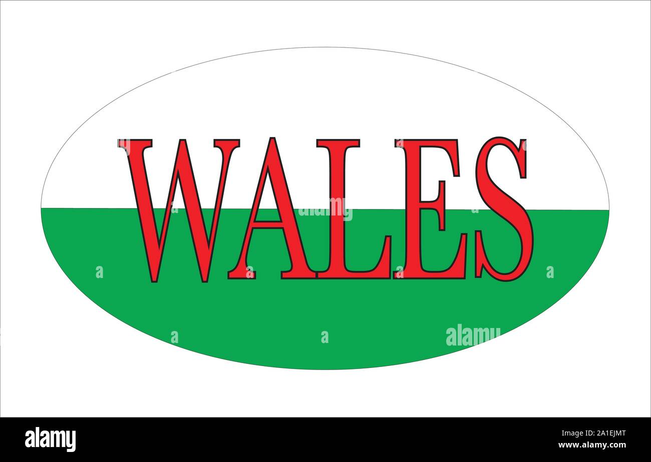 Eine ovale rugby ball Form mit dem Text Wales und die Farben der Flagge von Wales Stock Vektor