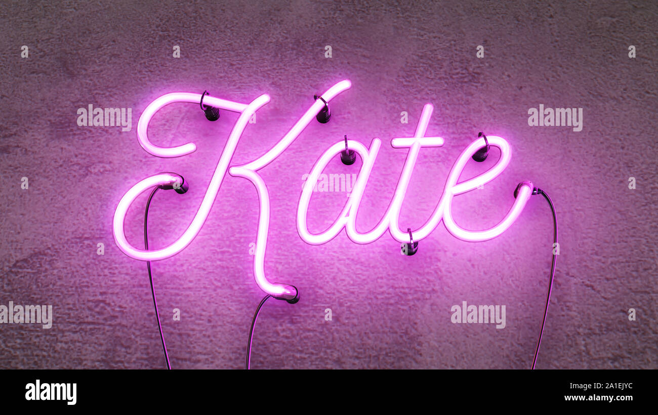 Leuchtend rosa Leuchtreklame Rechtschreibung die Mädchen Name von Kate, auf einer konkreten grunge Hintergrund. Stockfoto