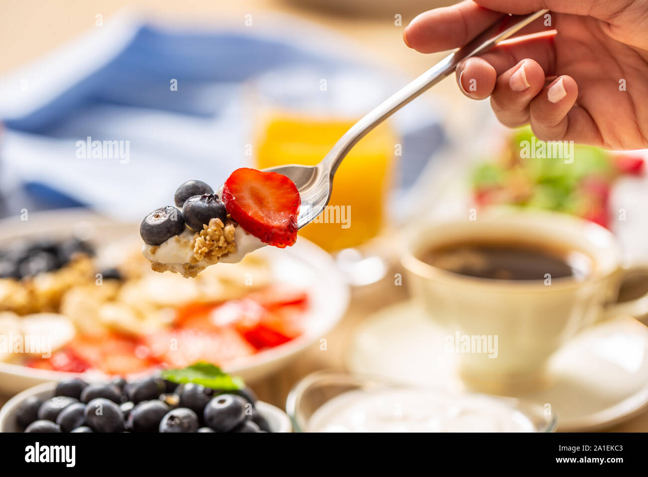 Gesundes Frühstück auf Löffel Müsli Heidelbeere Joghurt und Erdbeeren auf Gabel Stockfoto