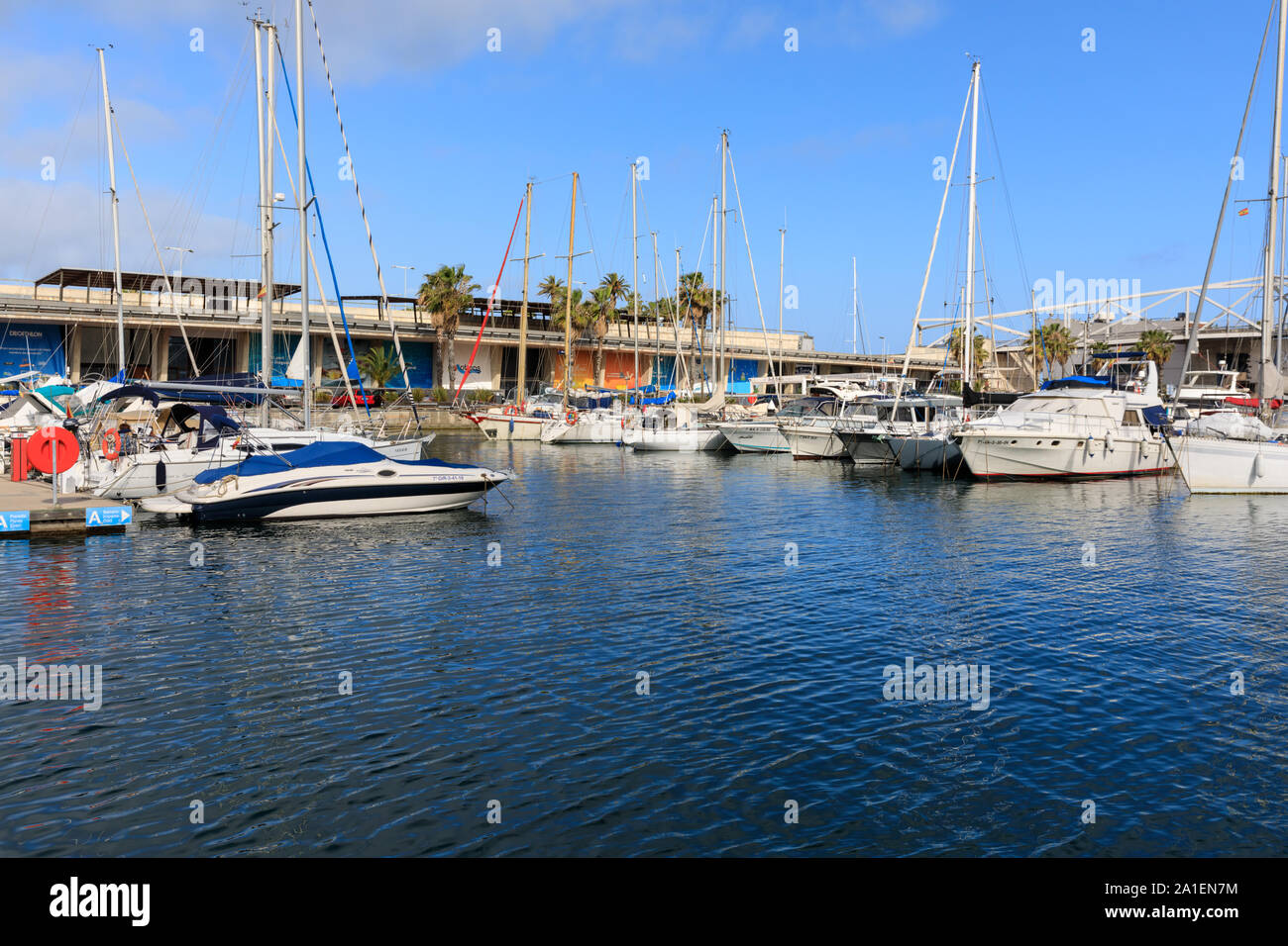 Segelboote und Yachten im Olympischen Hafen, Port Olimpic, Barcelona, Spanien, Europa Stockfoto