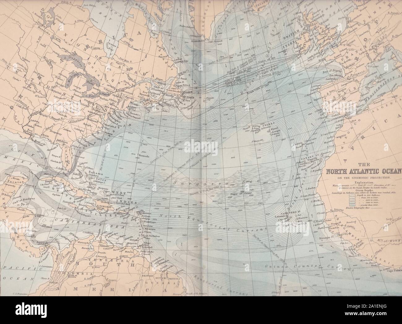 Buchen Sie die Platte auf den Nordatlantik auf der Gnomonic Projektion - antike Karte 1800. Stockfoto