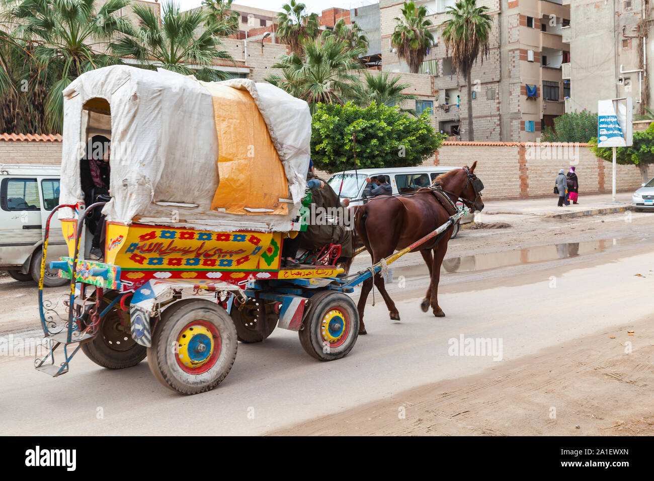 Alexandria, Ägypten - Dezember 20, 2018: alte Kutsche Karre mit Passagieren und Coachman reitet auf einem schmutzigen nassen Straße von Alexandria Stockfoto