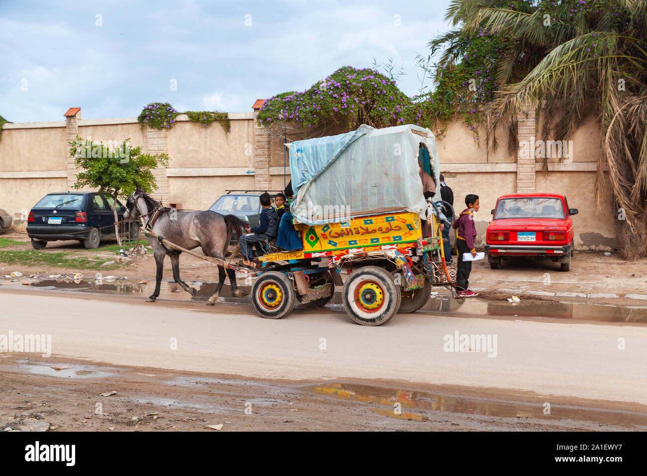 Alexandria, Ägypten - Dezember 20, 2018: von Pferden gezogene Wagen mit Passagieren und Coachman reitet auf einem schmutzigen nassen Straße von Alexandria Stockfoto