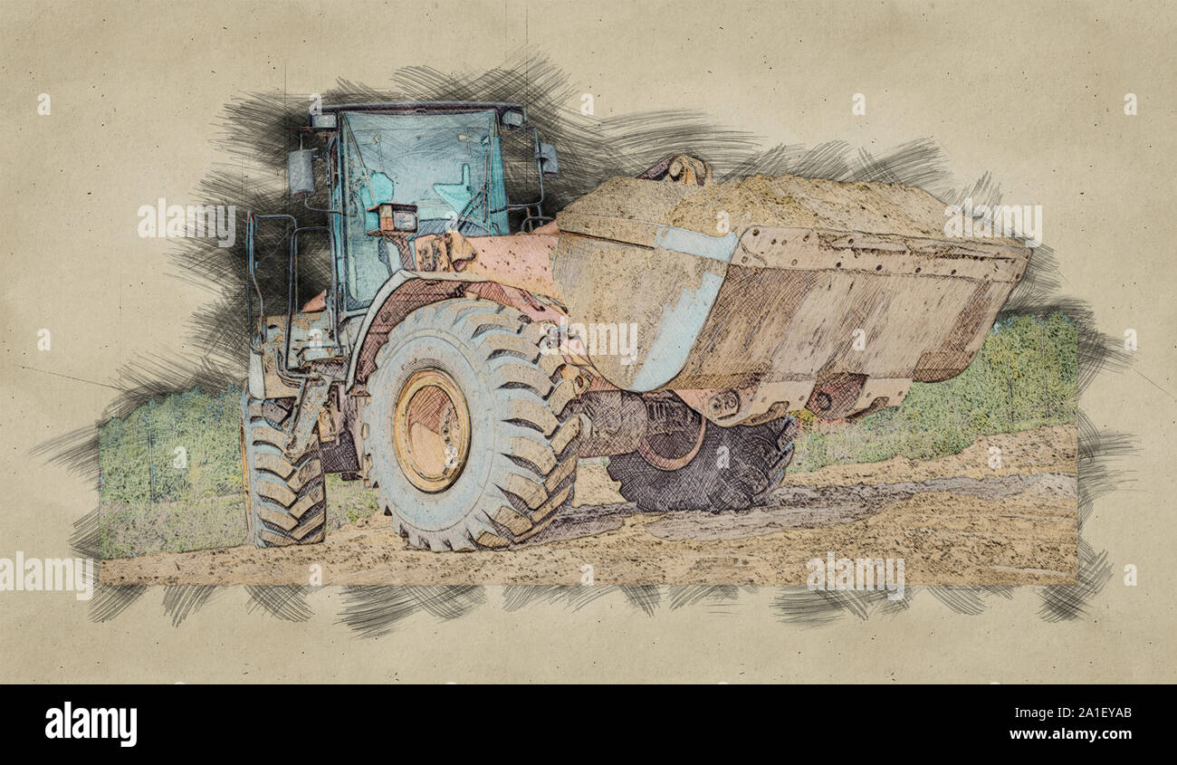 Baggerlader oder Bulldozer, Bagger mit Beschneidungspfaden auf einem Hintergrund mit blauen Himmel und Wolken. die Arbeiten auf der Baustelle oder Sandkasten. Stockfoto