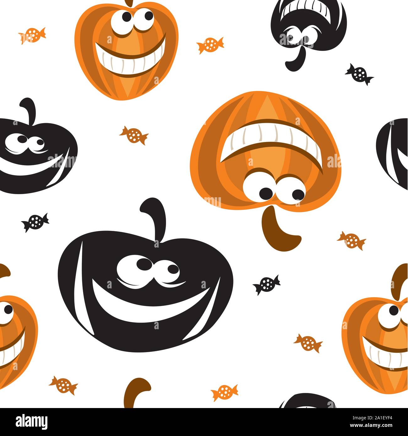 Vektor nahtlose Muster mit unterschiedlichen Form Halloween Kürbis in schwarz und orange Farben und Süßigkeiten auf weißem Hintergrund, Stock Illustration für Desig Stock Vektor