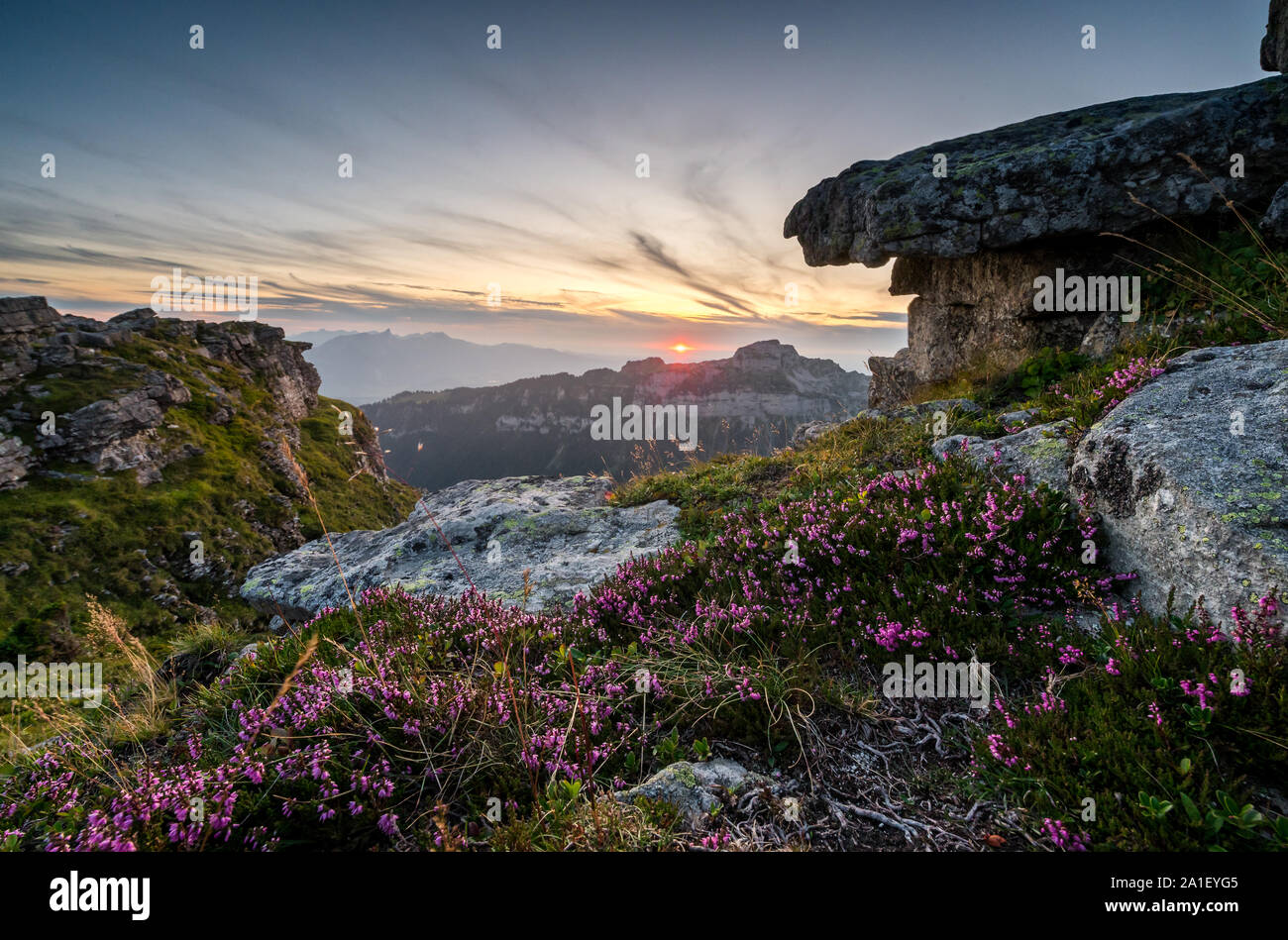 Abendstimmung am Niederhorn und Thunersee mit Spiez Stockfoto