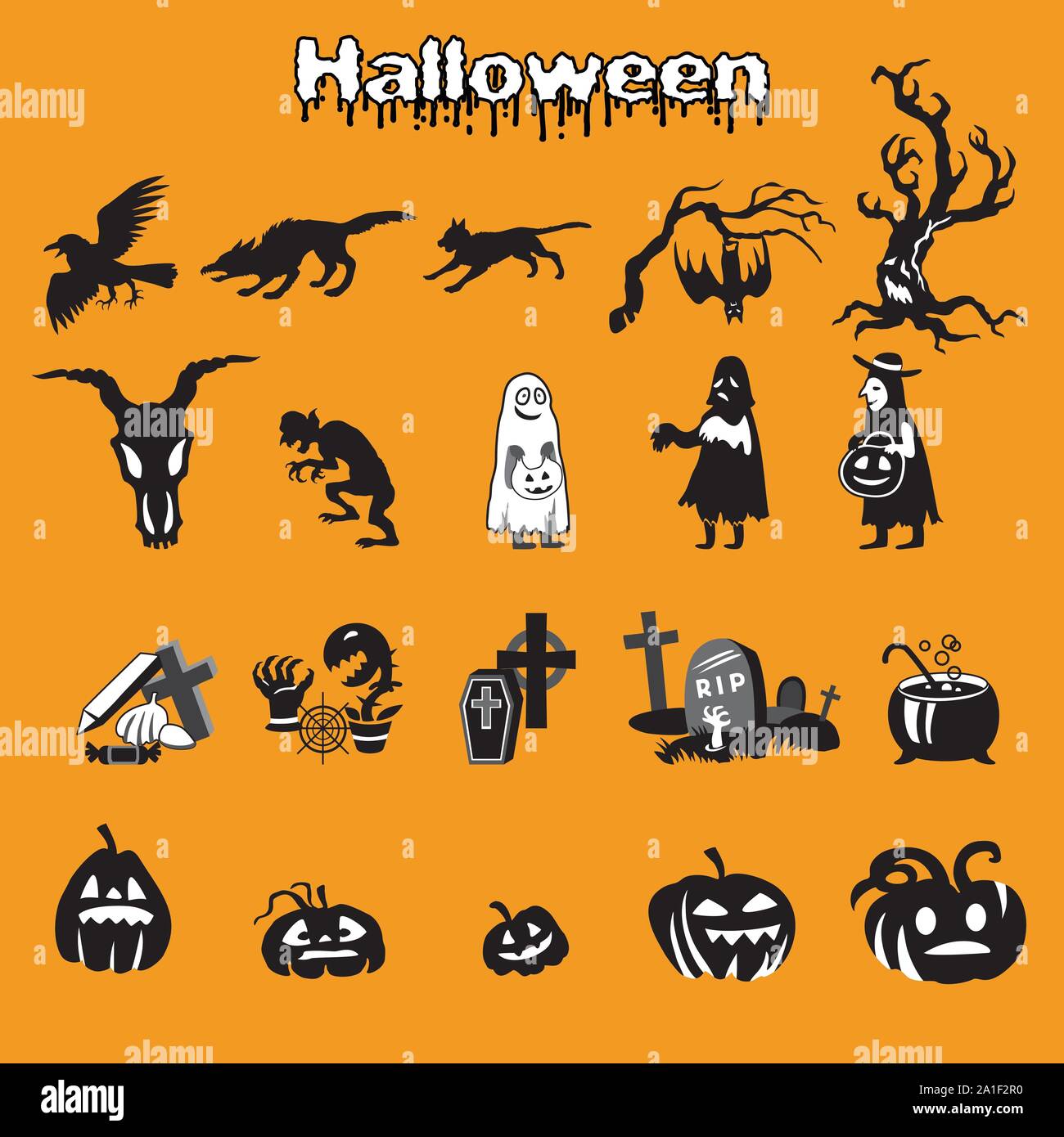 Vektor einrichten der verschiedenen Halloween Symbole Silhouette in den Farben Schwarz und Weiß (unheimlich toten Baum, Krähe, Katze, Zombie, Werwolf, Kessel, Schädel, Kürbisse ein Stock Vektor