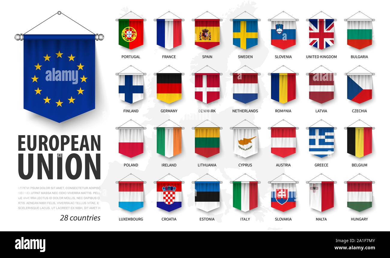 Europäische Union Flaggen und Mitgliedschaft. 3D realistische Wimpel aufhängen Design. Weiß isoliert Hintergrund und Europa Karte. Vektor. Stock Vektor