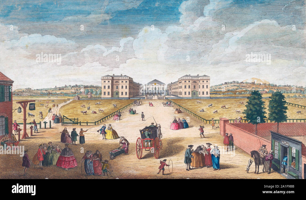 Ein Blick auf das Foundling Hospital, London. Nach einem Stich datiert 1751, herausgegeben von Robert Sayer. Später einfärben. Stockfoto
