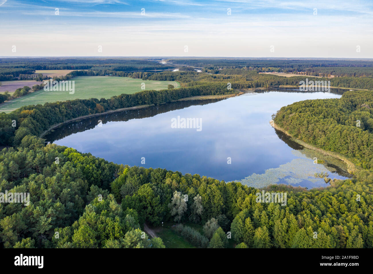 Drone schoß, Luftaufnahme des nördlichen Schwanz des Sees Mirow, Mecklenburgische Seenplatte, Mecklenburg-Vorpommern, Deutschland Stockfoto