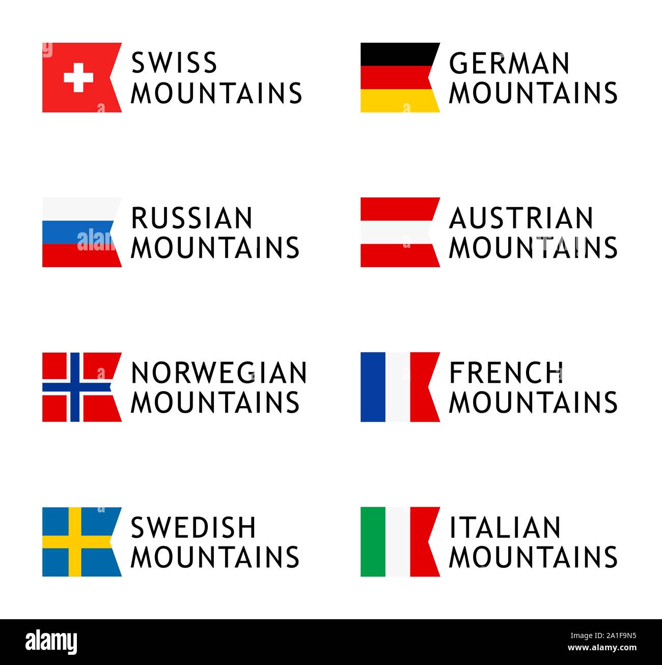 Satz von Logo Vorlagen für Touren in die Berge, Vektor liebenswerte verständliche Darstellung mit National Flagge der Schweiz, Deutschland, Russland, Österreich Stock Vektor