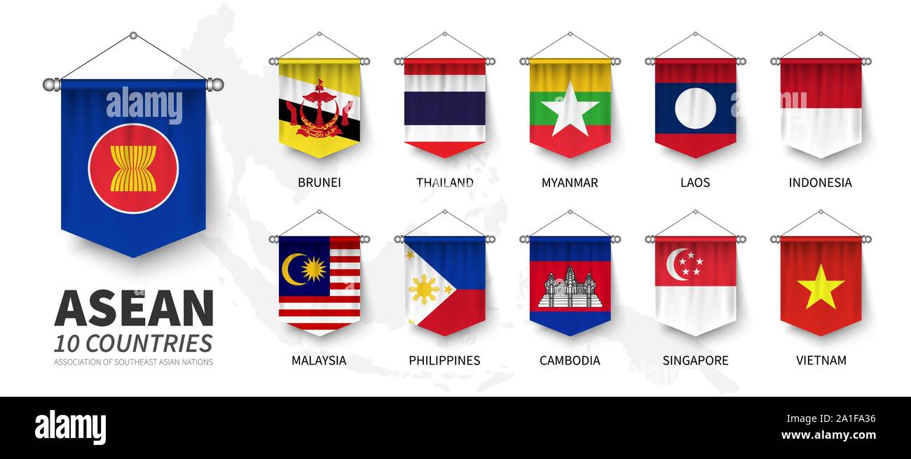 ASEAN. Verband der Südostasiatischen Nationen. und Mitgliedschaft Fahnen. 3D realistische Wimpel aufhängen Design. Weiß isoliert Hintergrund und Süd-Ost Stock Vektor