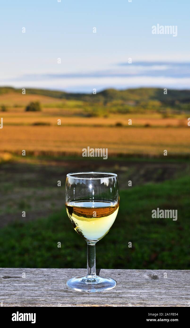 Glas Weißwein mit ländlicher Hintergrund Stockfoto
