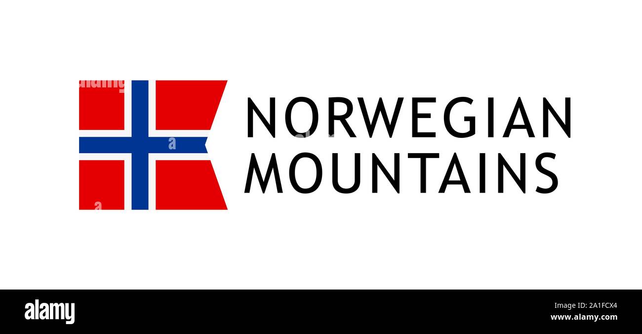 Logo Template für Touren zu den norwegischen Bergen, Vektor liebenswerte verständliche Darstellung mit National Flagge Norwegen isoliert auf weißem Hintergrund Stock Vektor