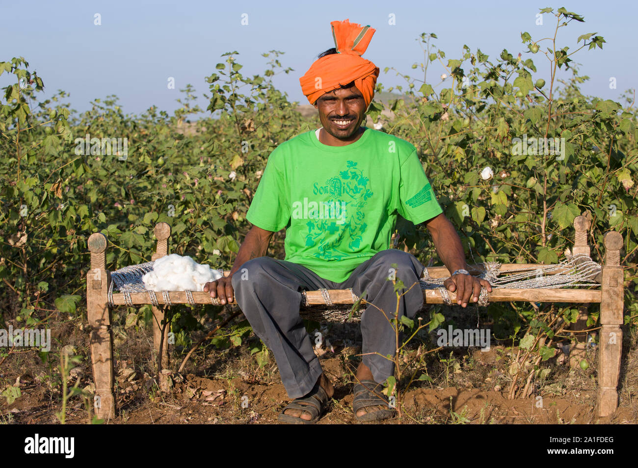 Indien Madhya Pradesh Khargone, tribal Landwirt der kooperativen Shiv Krishi Utthan Sanstha produzieren Fairtrade und Bio Baumwolle, Landwirt sitzt auf traditionelle charpoy Bett infront aus Baumwolle Feld Stockfoto