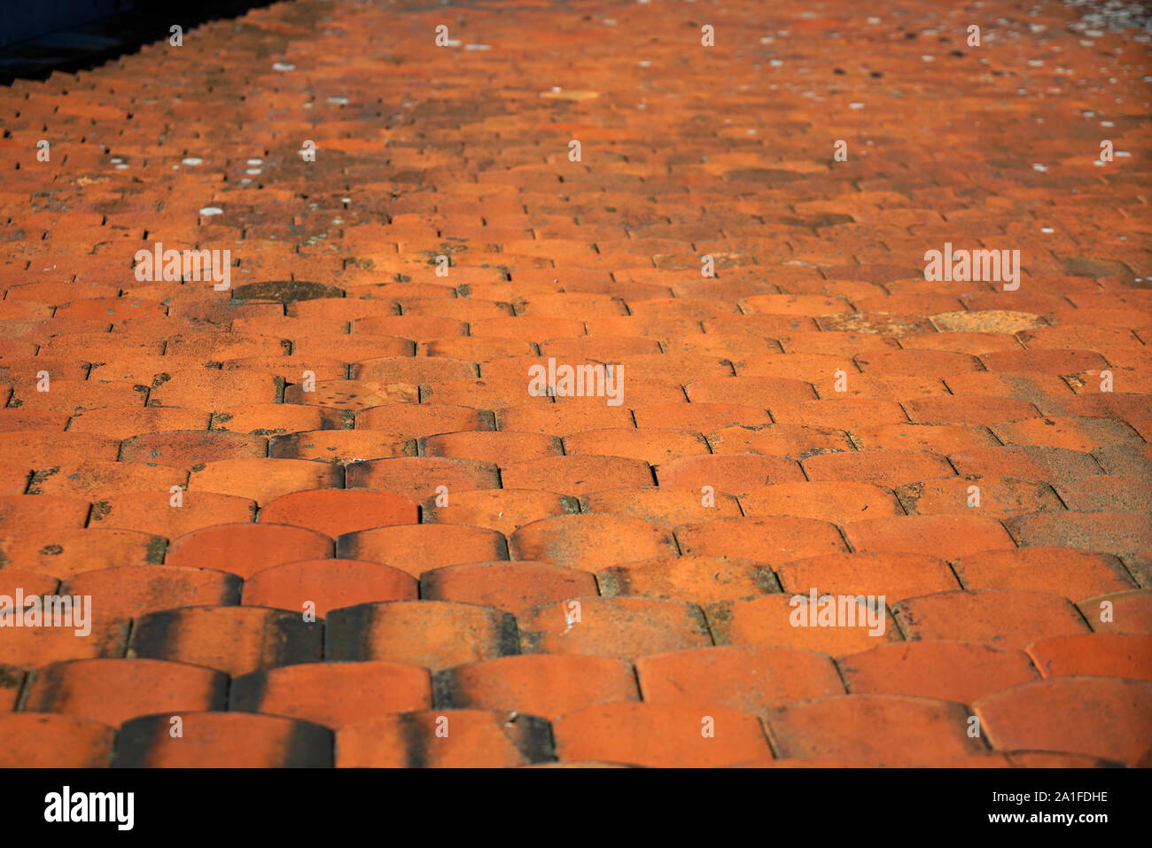 Dachziegel aus gebranntem Ton sind besonders schön und haltbar auf deutschen Dächern Stockfoto