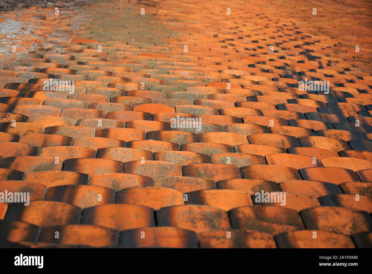 Dachziegel aus gebranntem Ton sind besonders schön und haltbar auf deutschen Dächern Stockfoto