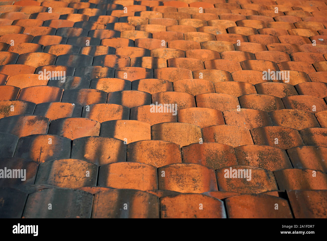 Dachziegel aus gebranntem Ton sind besonders schön und haltbar auf deutschen Dächern Stockfoto