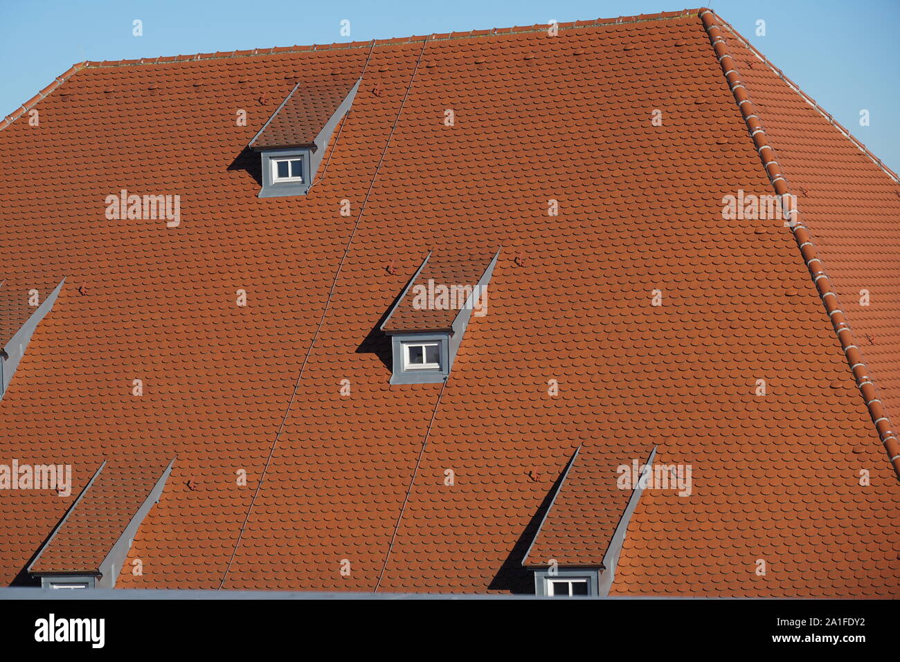 Dachziegel aus gebranntem Ton sind besonders schön und haltbar auf deutschen Dächern Stockfoto