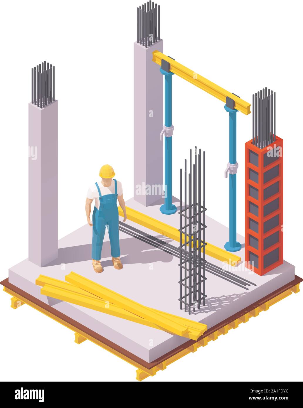 Vektor isometrische monolithischen Betonbau Baustelle. Schalungen, Spalten, Builder in hardhat, Holzboden, Träger, Stabstahl für Re Stock Vektor