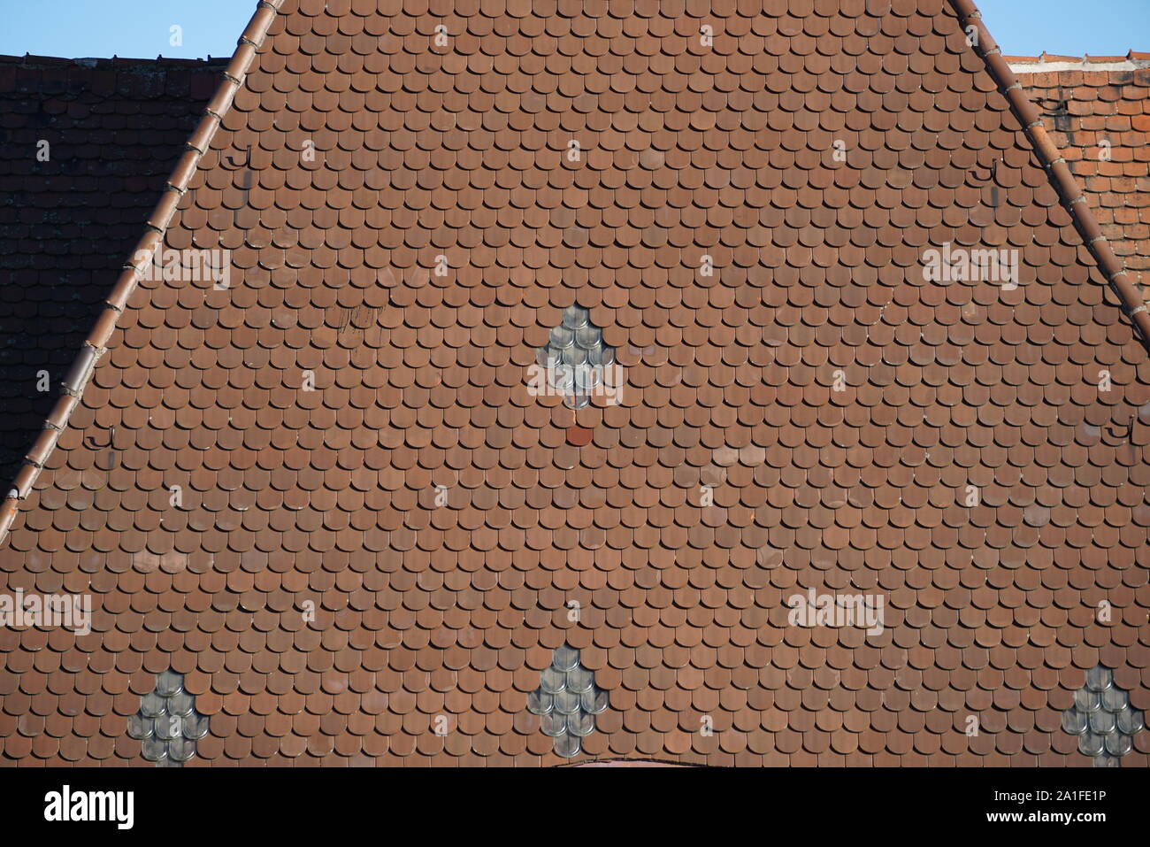 Dachziegel aus gebranntem Ton sind besonders schön und haltbar auf deutschen Dächern Stockfoto