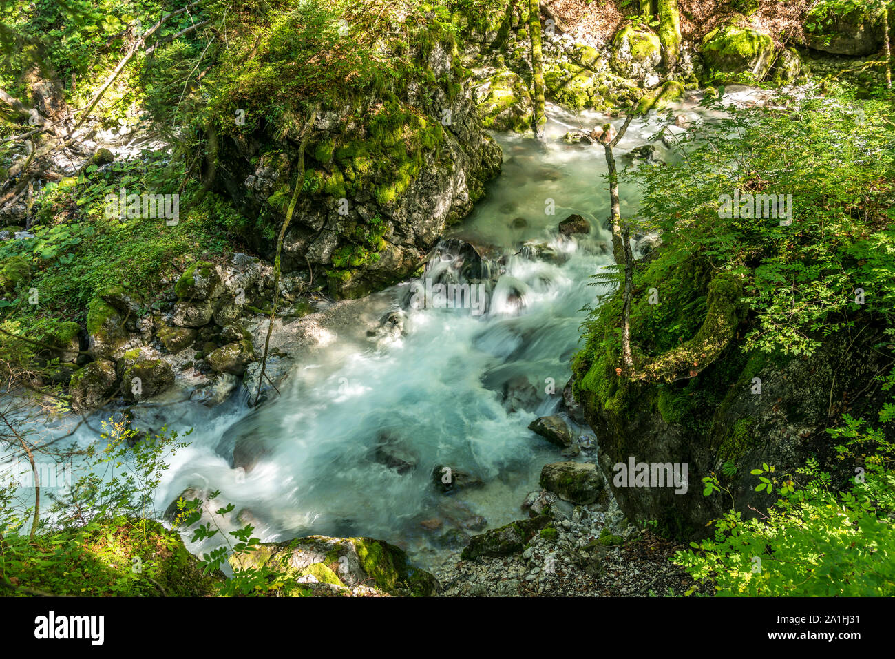 Der Hammersbach im Höllental bei Grainau, Garmisch-Partenkirchen, Oberbayern, Bayern, Deutschland | Hammersbach Fluss in das Höllental in der Nähe von Stockfoto