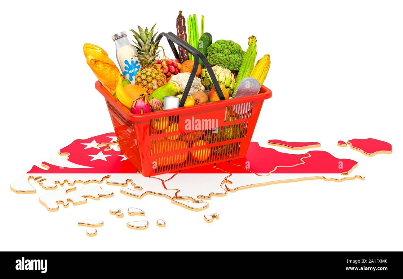 Korb oder Kaufkraft in Singapur Konzept. Warenkorb mit Singapur Karte, 3D-Rendering auf weißem Hintergrund Stockfoto