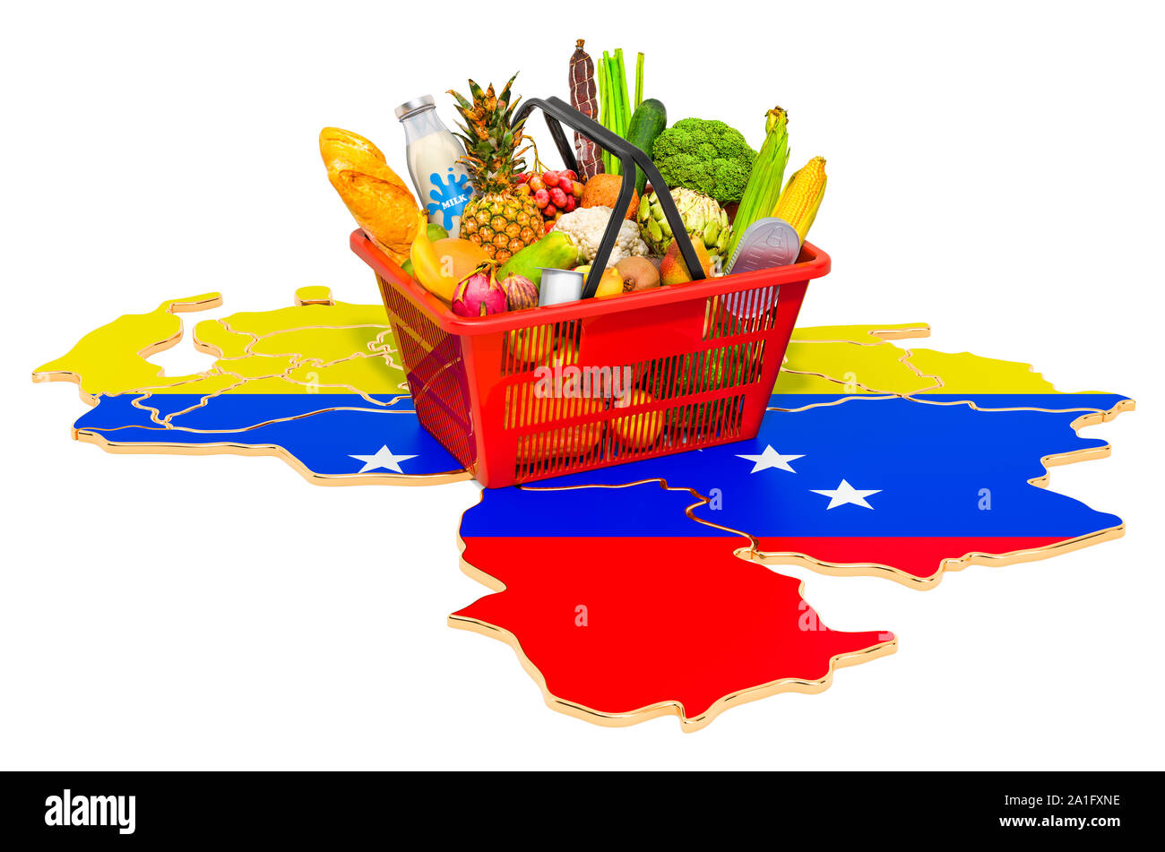 Korb oder Kaufkraft in Venezuela Konzept. Warenkorb mit venezolanischen Karte, 3D-Rendering auf weißem Hintergrund Stockfoto