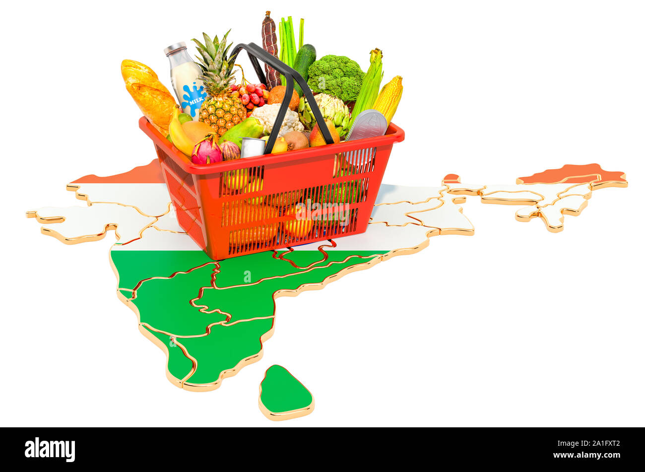 Korb oder Kaufkraft in Indien Konzept. Warenkorb mit indischen Karte, 3D-Rendering auf weißem Hintergrund Stockfoto