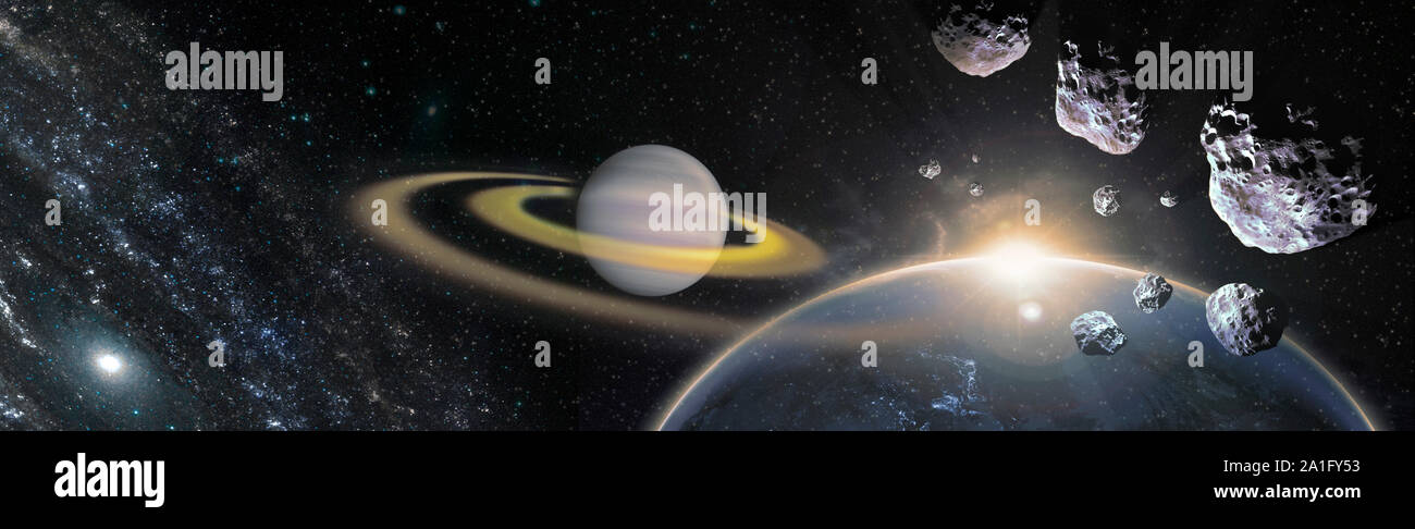 Colofrul Raum Szene mit Planeten, Sterne und Galaxien. Panorama horizontale Ansicht Stockfoto