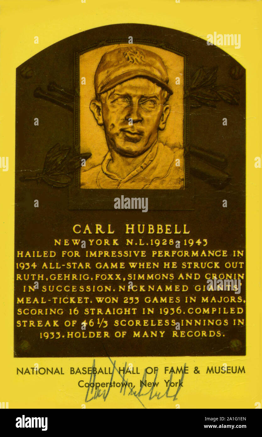 National Baseball Hall of Fame souvenir Postkarte mit Plakette und von Carl Hubbell kennzeichnete. Stockfoto