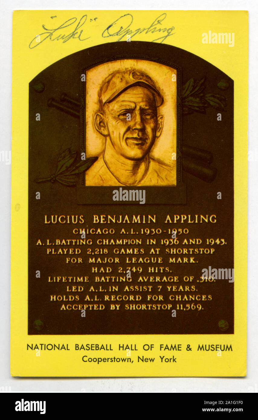National Baseball Hall of Fame souvenir Postkarte mit Plakette und Autogramm von Lukas Appling. Stockfoto