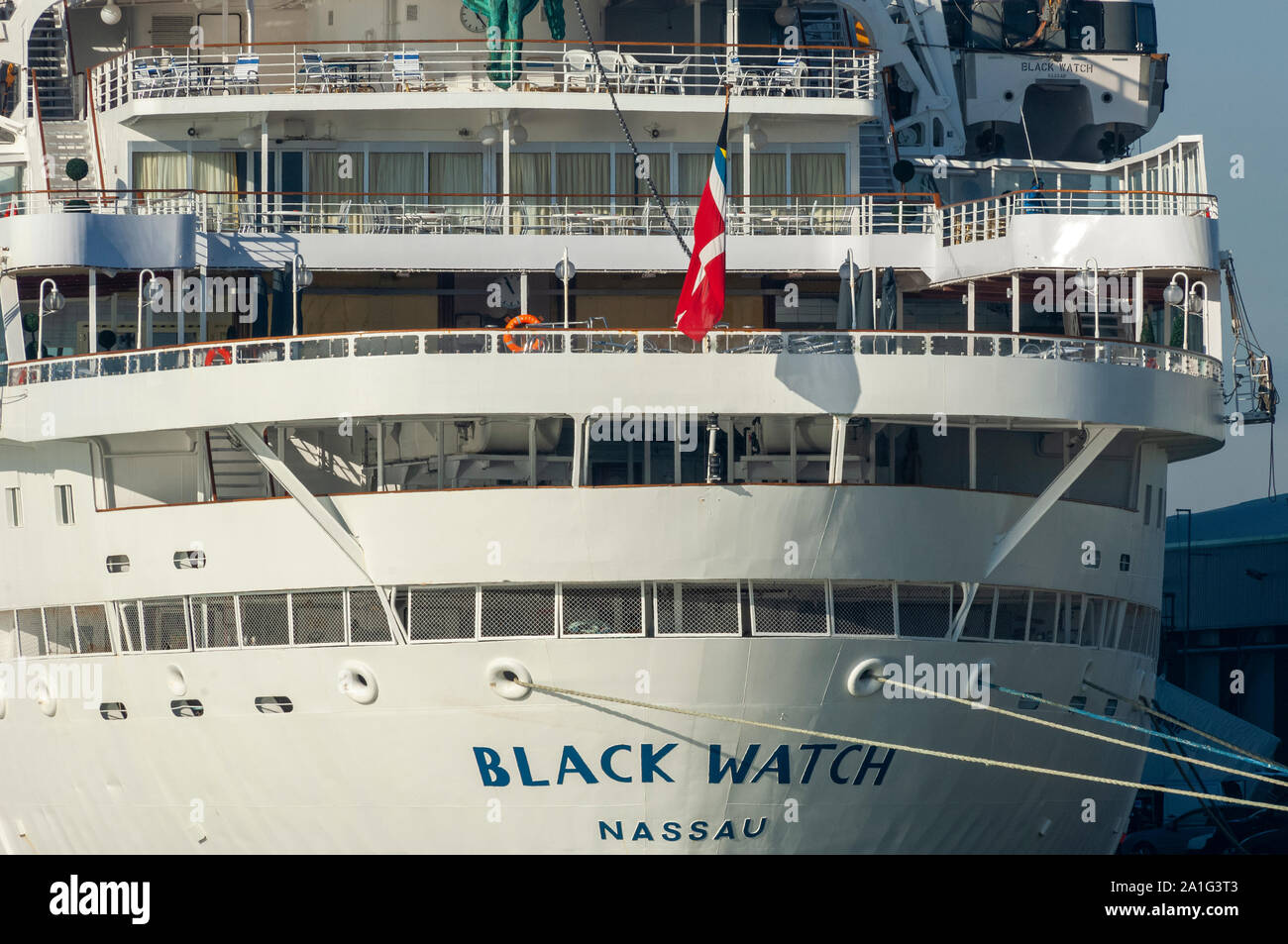 MV Black Watch Cruise Liner der Fred. Olsen Cruse Lines günstig Im neuen Docks, Hafen von Southampton, Southampton, Hampshire, England. UK. Stockfoto