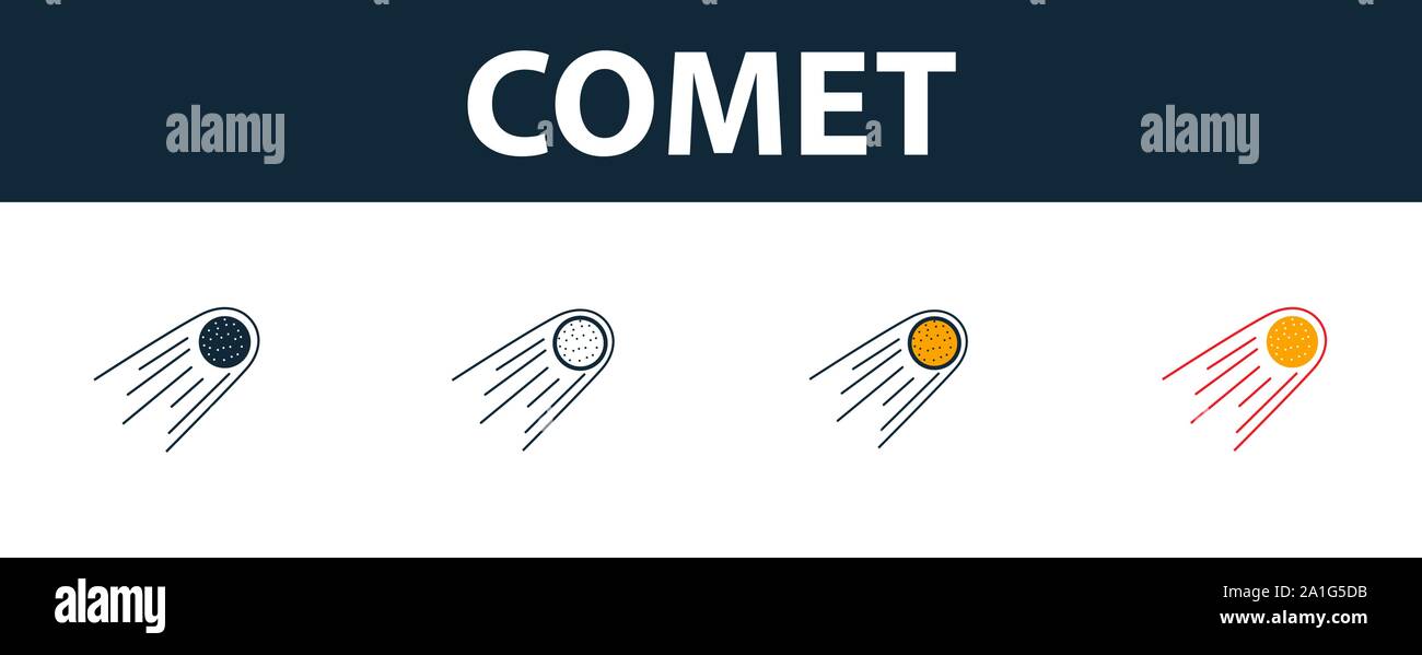 Comet Icon Set. Vier einfache Symbole in verschiedenen Stilen aus dem Weltraum icons Collection. Kreative comet Icons, Outline, Farben und Symbole Stock Vektor