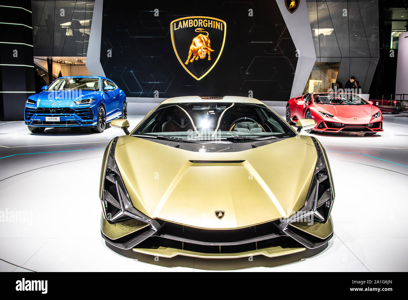 Frankfurt am Main, Deutschland, 19.09.2019: Lamborghini Sian FKP 37 auf der IAA, 2020 Modell Jahr erste supercapacitor-basierte hybrid V12 von Automobili Lamborghini Stockfoto